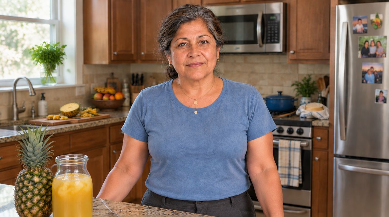 Doña Dilcia in her kitchen with a jar of chicha de piña and a whole pineapple